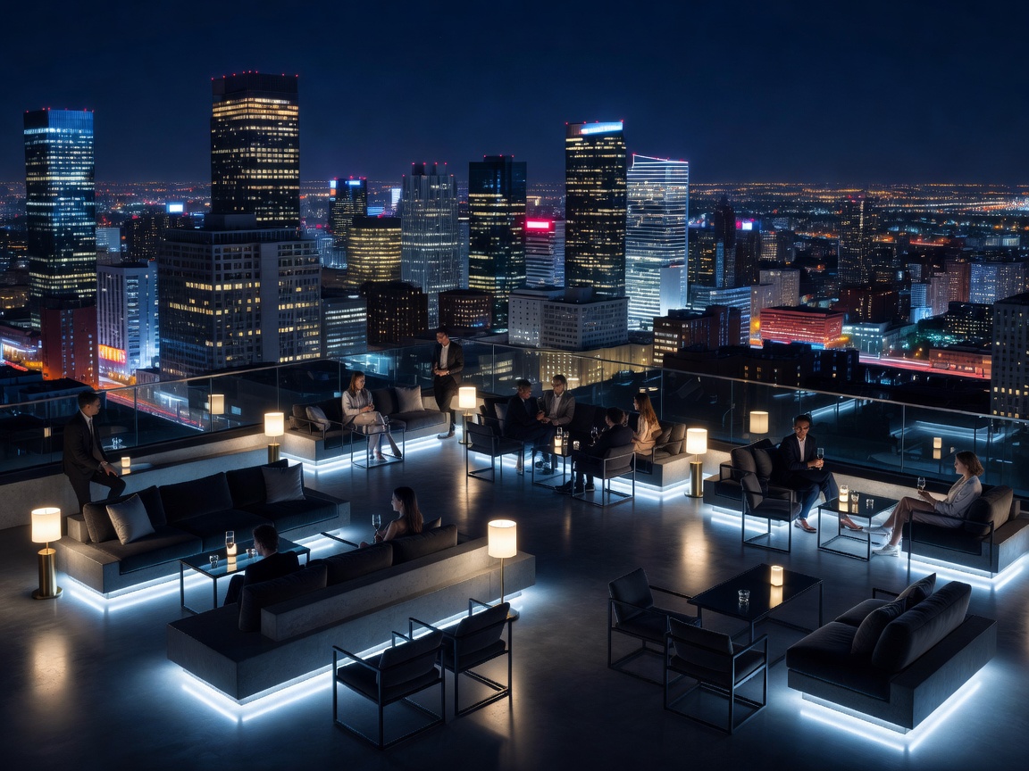Modern rooftop lounge view glowing in the night
