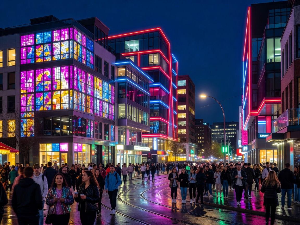 Vibrant nightlife district with illuminated architecture